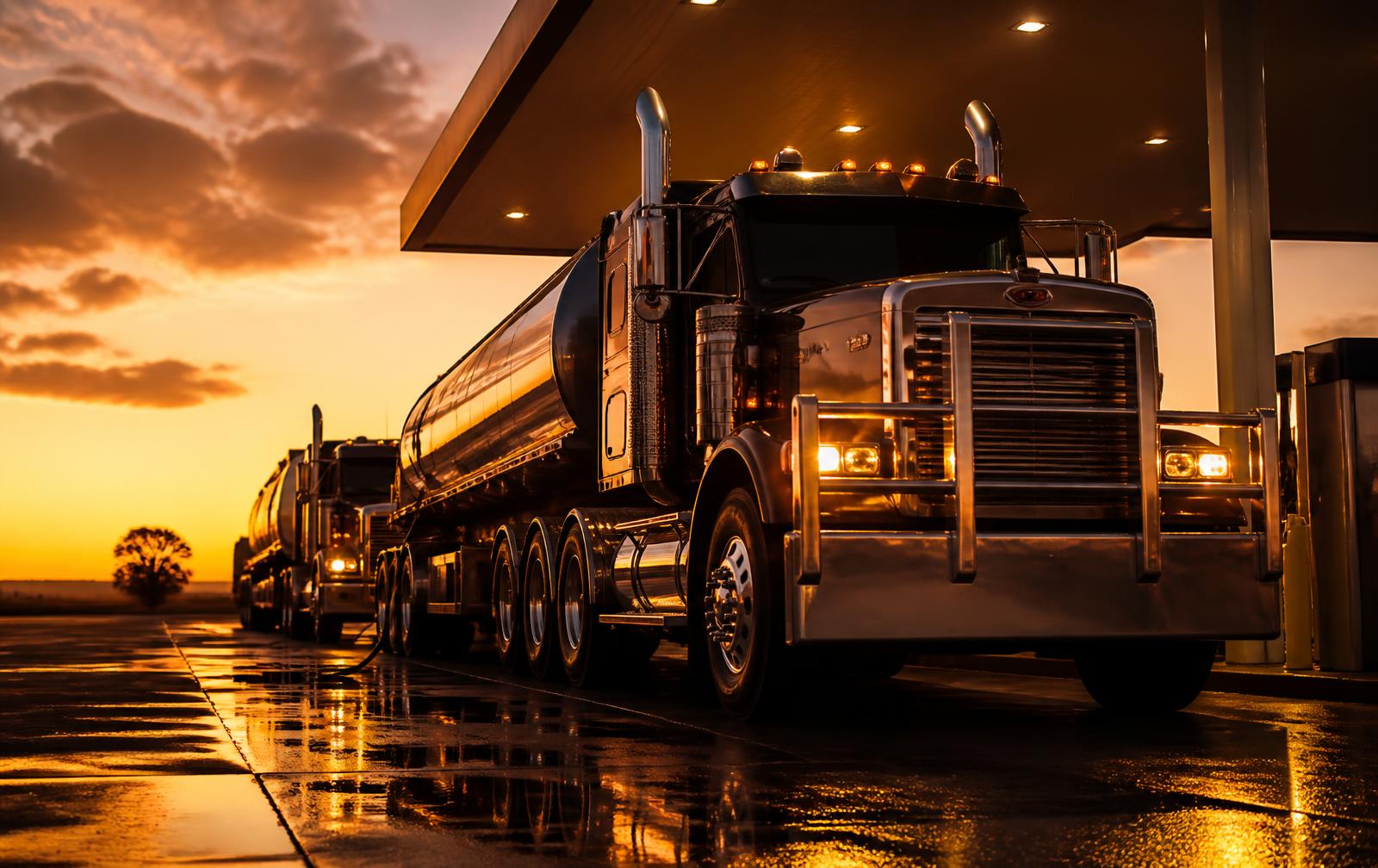 Diesel truck fleet refuelling at a service station at dusk